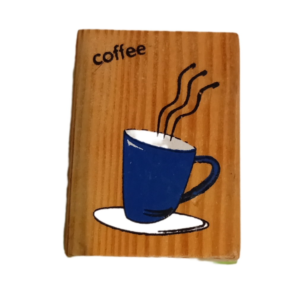 Artisan Wooden Stamp with Blue Coffee Cup Design